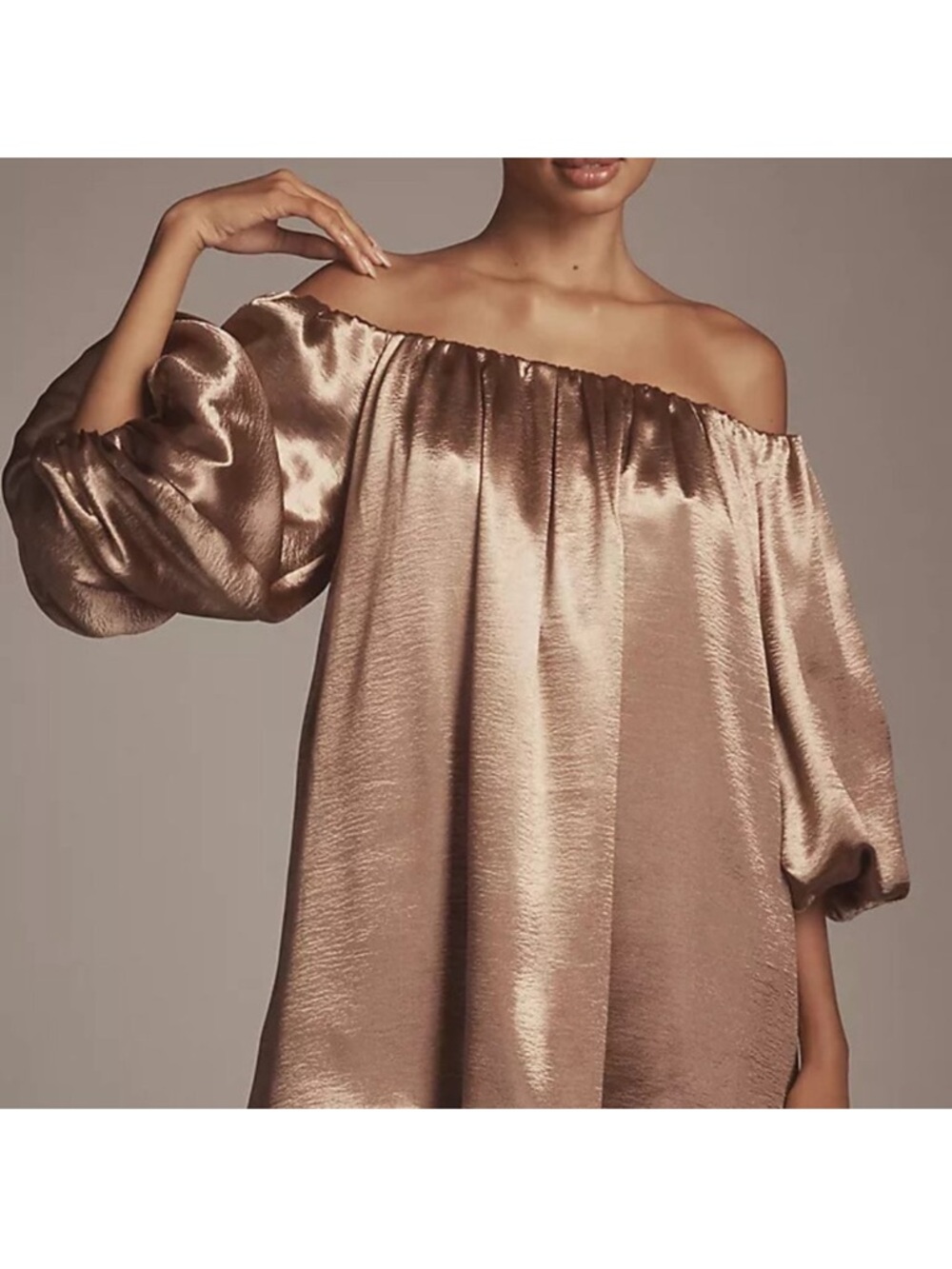 Mare mare at Anthropologie mocha shimmer off the shoulder puff sleeve dress med - Picture 2 of 10